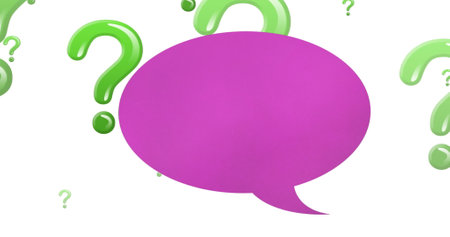 Image of speech bubble over question marks on white background. Global education and digital interface concept digitally generated image.の写真素材