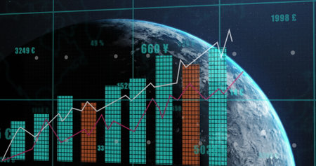 Image of financial data processing over globe. Global computing, digital interface and data...
