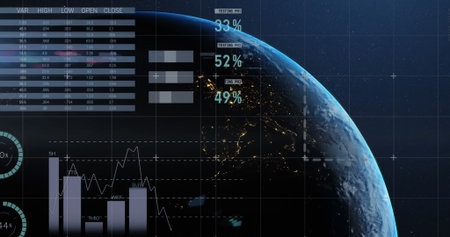 Image of statistics and financial data processing over globe. global business, digital interface,...