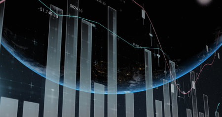 Image of statistics and financial data processing over globe. global business, digital interface,...
