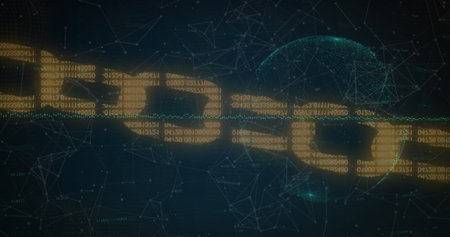 Security chain icon and network of connections over spinning globe against blue background. Global...