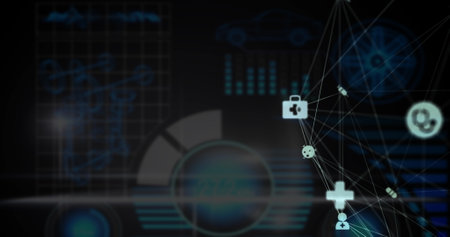 Globe of medical icons over digital interface with data processing against black background. Medical research and science technology conceptの写真素材