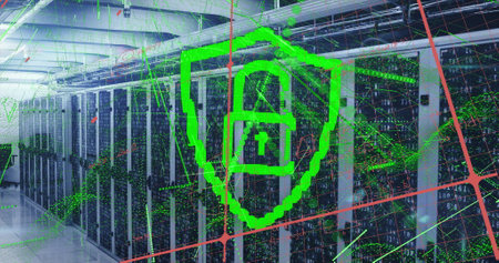Image of online security padlock and data processing over computer servers. Global computing and...
