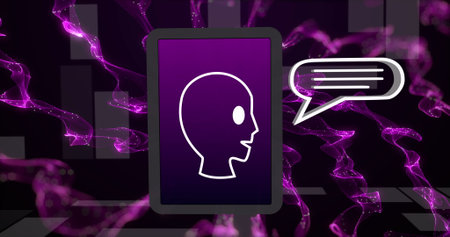 Image of ai data processing over tablet and purple background. Global artificial intelligence,...