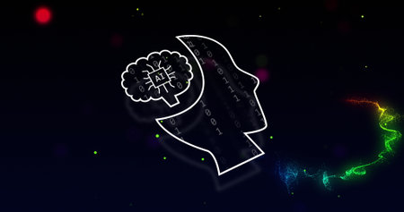 Image of ai data processing with icon over light trails and dark background. Global artificial intelligence, digital interface, computing and data processing concept digitally generated image.の写真素材