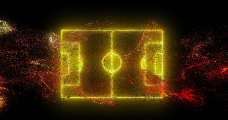 Image of red digital wave over neon yellow soccer field layout against black background. Sports and techology conceptの写真素材