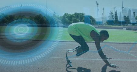 Image of digital interface over african american men with physical disability running. Global...