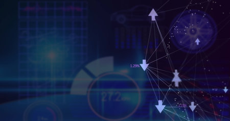 Image of globe of arrow icons with increasing numbers over interface with data processing. Computer...