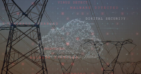 Image of scanning, virus warning and digital cloud over electricity poles. Energy, electricity, data...