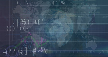 Image of data processing and globe on black background. Global business and digital interface...