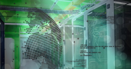 Image of globe and data processing over computer servers. Global connections, business, finance,...