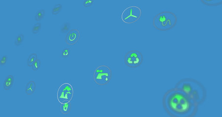 Image of multiple energy concept digital icons floating against blue background. Energy and ecology...