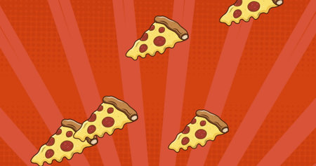 Image of pizza icons over over stripes on red background. celebration and digital interface concept digitally generated image.の写真素材