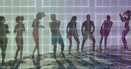 Image of squares over diverse friends at beach. Holidays and digital interface concept digitally generated image.の写真素材