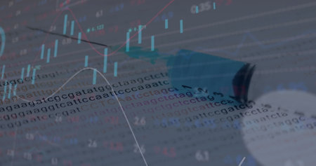 Image of data processing over binary coding with syringe. Global science, medicine and healthcare services concept digitally generated image.の写真素材