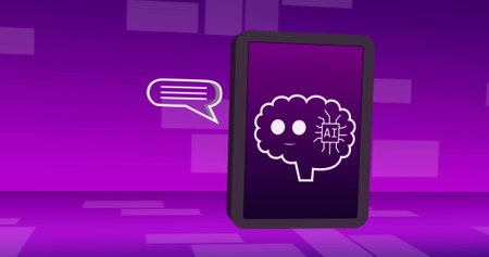 Image of ai data processing and icons over computer screen. Global artificial intelligence,...