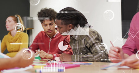 Image of financial data processing over diverse business people in office. Global finance, business, connections, computing and data processing concept digitally generated imageの写真素材