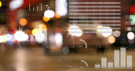 Image of statistics processing over out of focus lights and cityscape. business, data processing,...