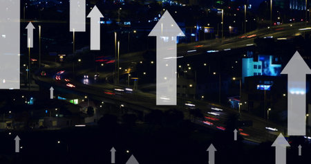Image of multiple up arrows over time lapse of moving vehicles on bridge in city. Digital composite,...