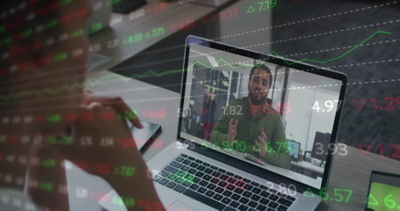 Image of financial data processing over diverse business people having image call. global business,...