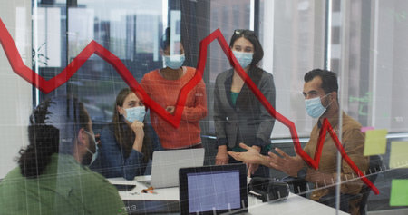 Image of financial data processing over diverse business people wearing face masks. global business,...