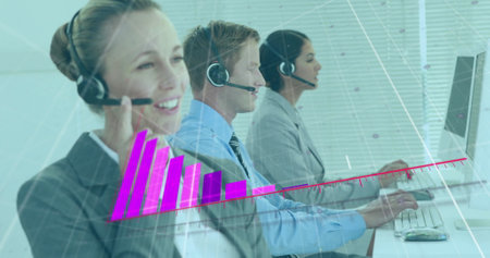 Image of diagram over diverse business people using phone headsets in office. Global business,...