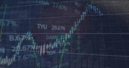 Image of financial data processing over people walking on street. Global finances, computing and...