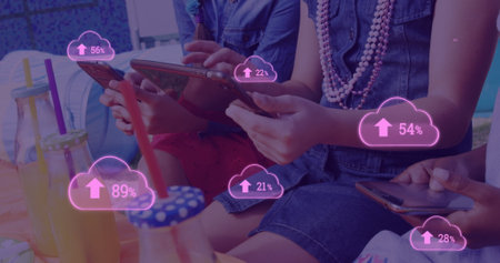 Image of pink clouds with arrows pointing up and percent increasing from zero with young women using...
