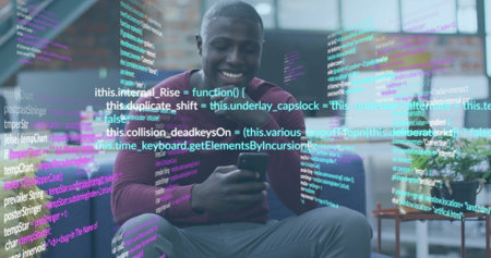 Image of data processing over happy african american man using smartphone at casual office. Data,...
