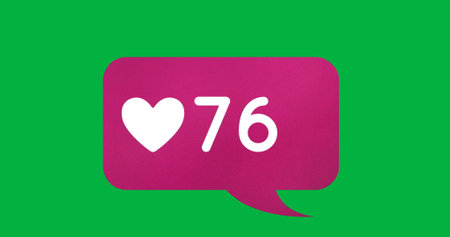 Digital image of a heart icon and numbers increasing inside a pink chat box on a green background 4k