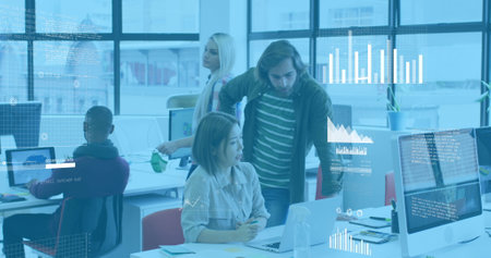 Image of multiple icons over diverse coworkers discussing reports on laptop in office. Digital...