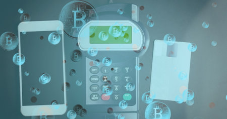 Image of bitcoins over smartphone and payment terminal. global data security, finance and...
