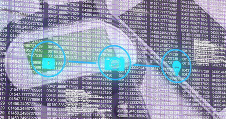 Image of security icons and data processing over smartphone and payment terminal. global data...