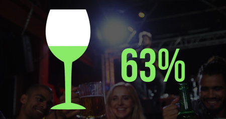 Group of friends celebrating, holding drinks, with graphic showing 63 percent. african american man...