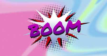 Image of boom text in purple letters in retro speech bubble over multi coloured background. Vintage cartoon style concept digitally generated image.の写真素材
