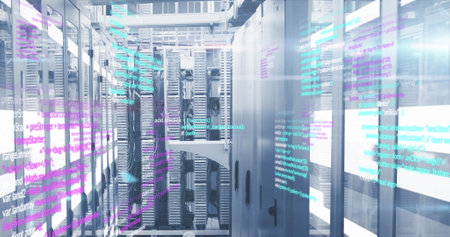 Image of data processing over computer servers. Global business, computing, data processing and...
