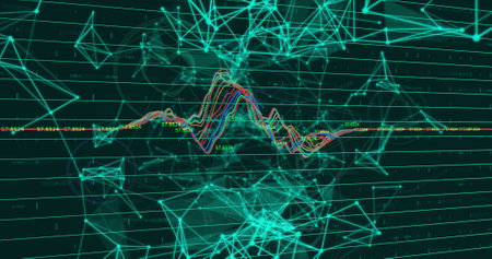 Image of graphs and connections in black digital space. Data processing, digital interface and technology concept digitally generated image.の写真素材