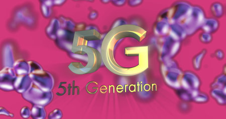 Image of 5g 5th generation text over glowing purple background. Global network of connection and...