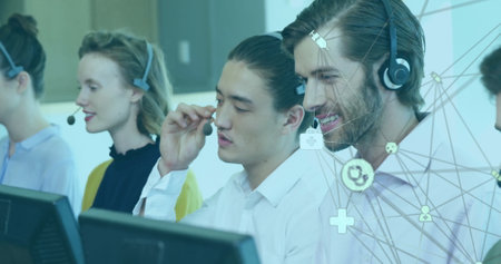 Image of network of connections over diverse business people using phone headsets in office. Global...