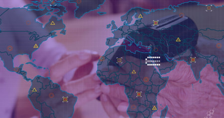 Image of waving of usa flag and falling mid over american flags over group. Global connections business digital interface technology and networking concept digitally generated image.の写真素材