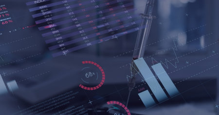 Image of data processing over syringe. Global science, medicine and healthcare services concept digitally generated image.の写真素材
