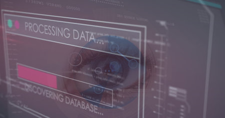 Image of data processing over female eye. Global business, finances, data processing and digital interface concept digitally generated image.の写真素材