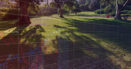 Image of financial data processing over park. Global finances, computing and digital interface concept digitally generated image.の写真素材