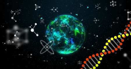 Image of spinning globe, molecules and 3d DNA strand spinning on black background. Global medicine genetics concept digitally generated image.の写真素材