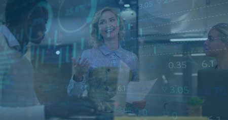 Image of financial data processing over diverse business people in office. Global finance, business,...