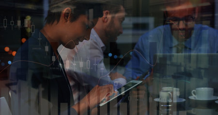 Image of financial data processing over diverse business people. global business, data processing...