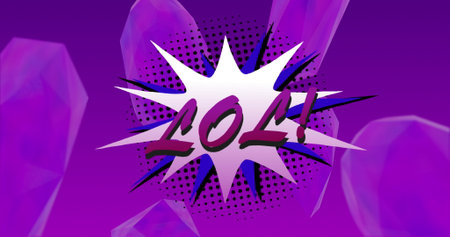Image of lol text in purple letters in retro speech bubble over patterned purple background. Vintage...