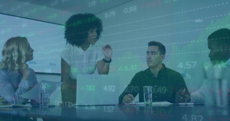 Image of financial data processing over diverse business people in office. Global finance, business,...