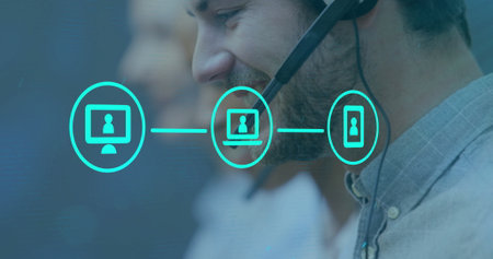 Image of media icons over diverse business people using phone headsets in office. Global business,...