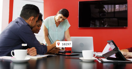 Image of multiple notification bars over diverse coworkers discussing reports in office. Digital...